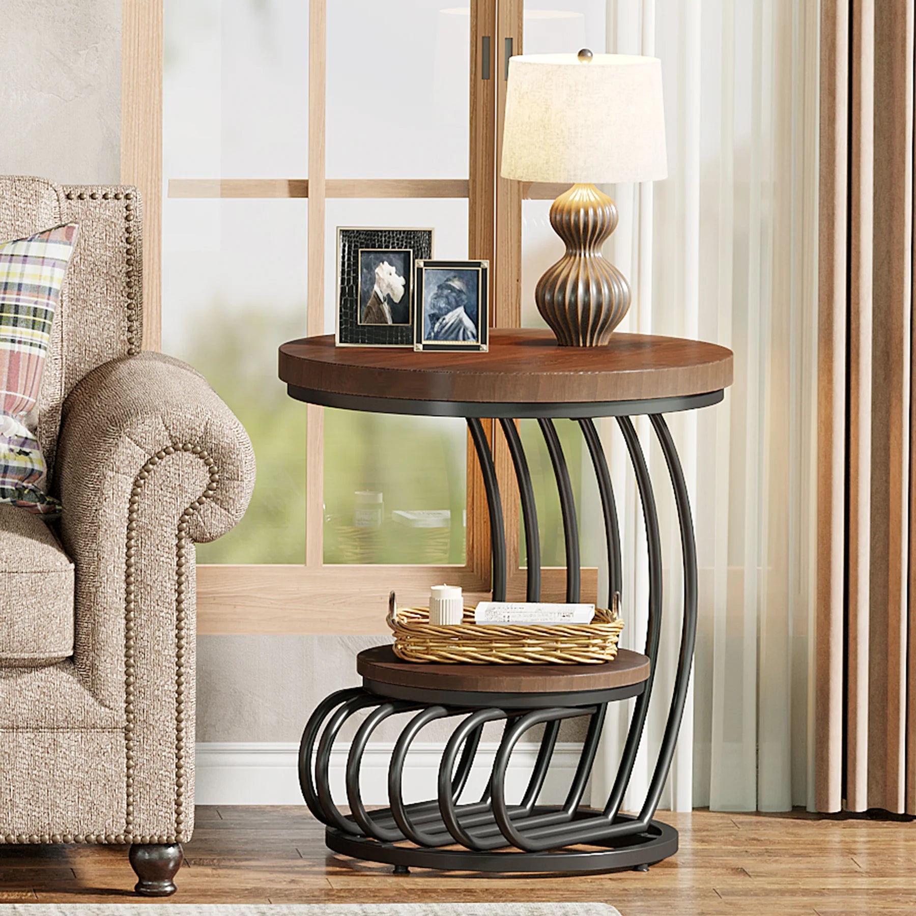 Tribesigns Gold Round End Table: 2 Tiers Faux Marble Side Table with Storage Shelf, Modern White Gold Bedside Nightstand