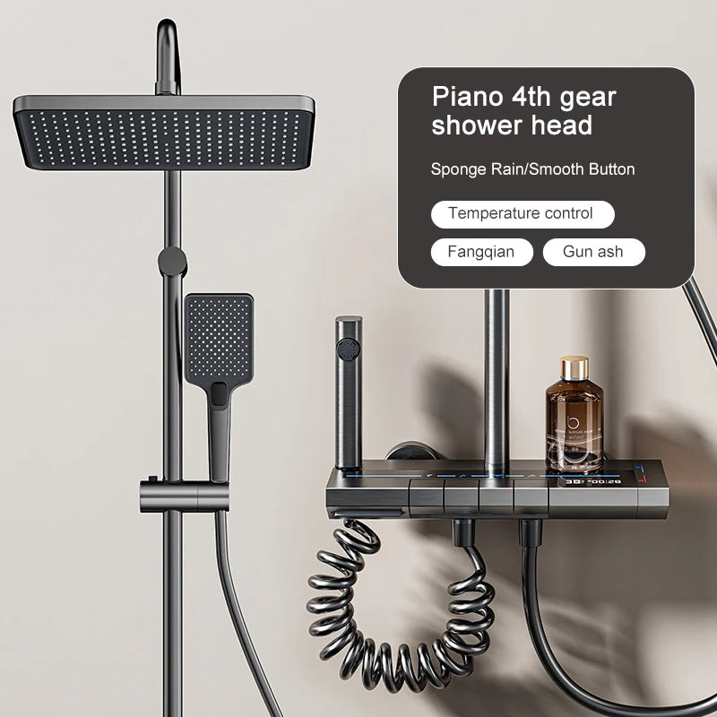 Sistema de ducha completo con botón tipo piano, display digital y ambient light (“grey piano button ambient light shower set”)