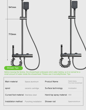 Sistema de ducha completo con botón tipo piano, display digital y ambient light (“grey piano button ambient light shower set”)