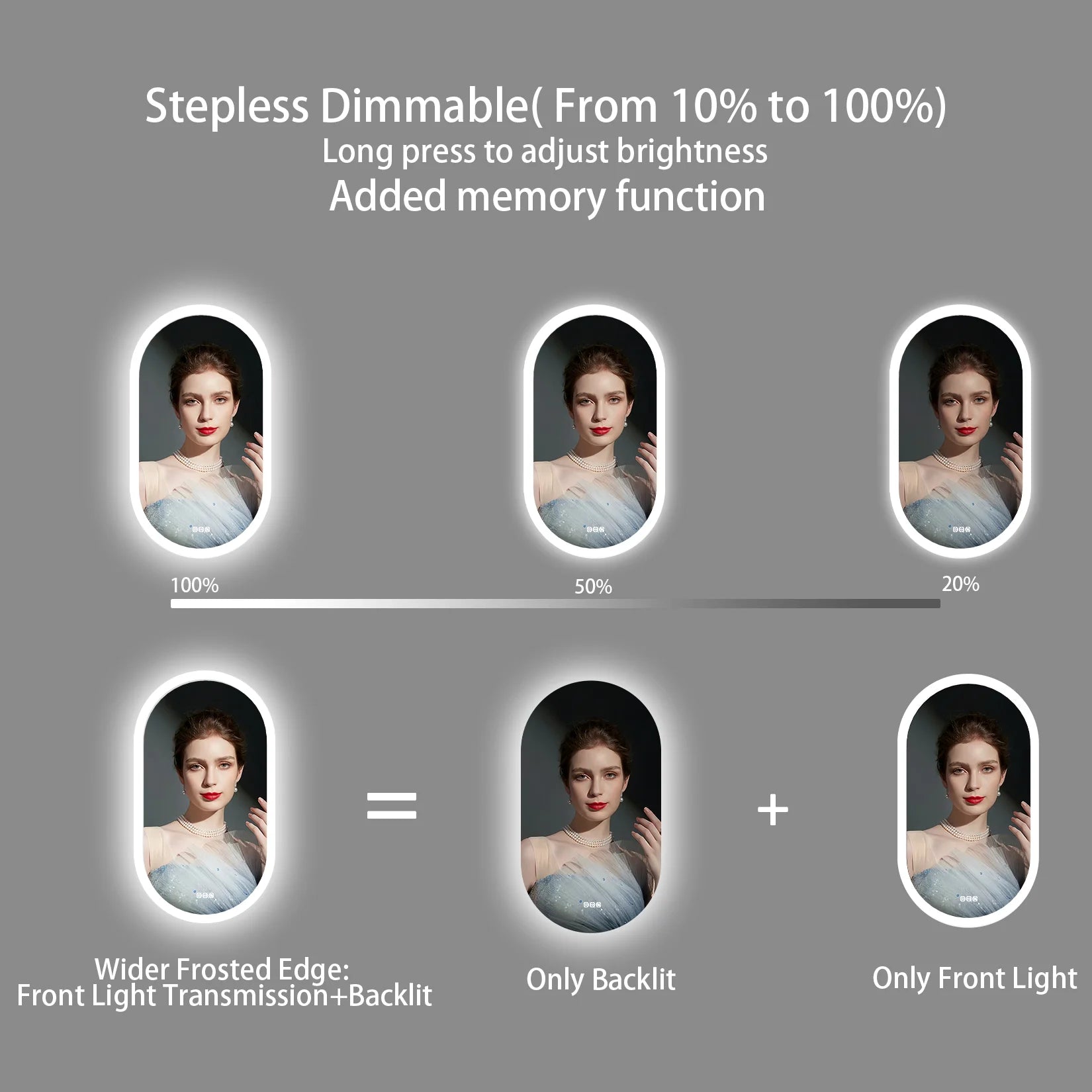 Espejo oval LED de baño, 3 tamaños, antiniebla, 3 colores