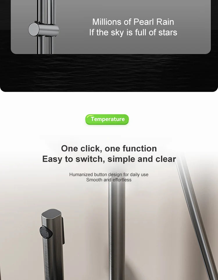 Sistema de ducha completo con botón tipo piano, display digital y ambient light (“grey piano button ambient light shower set”)