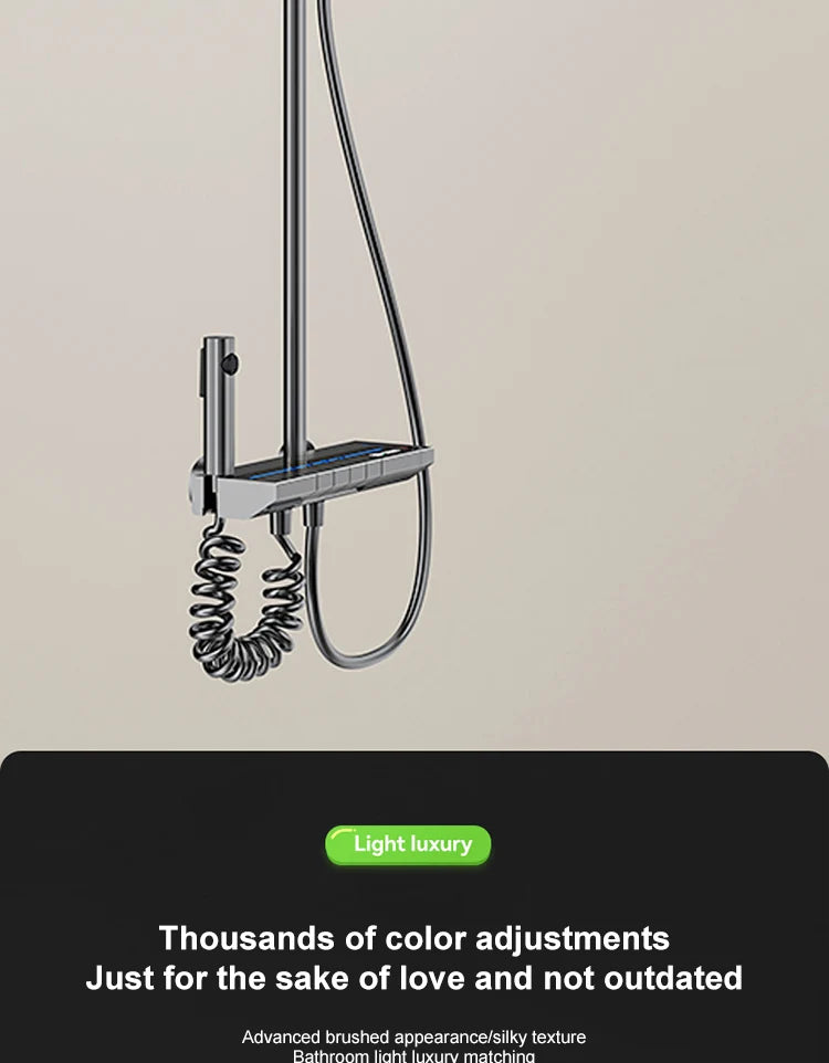 Sistema de ducha completo con botón tipo piano, display digital y ambient light (“grey piano button ambient light shower set”)