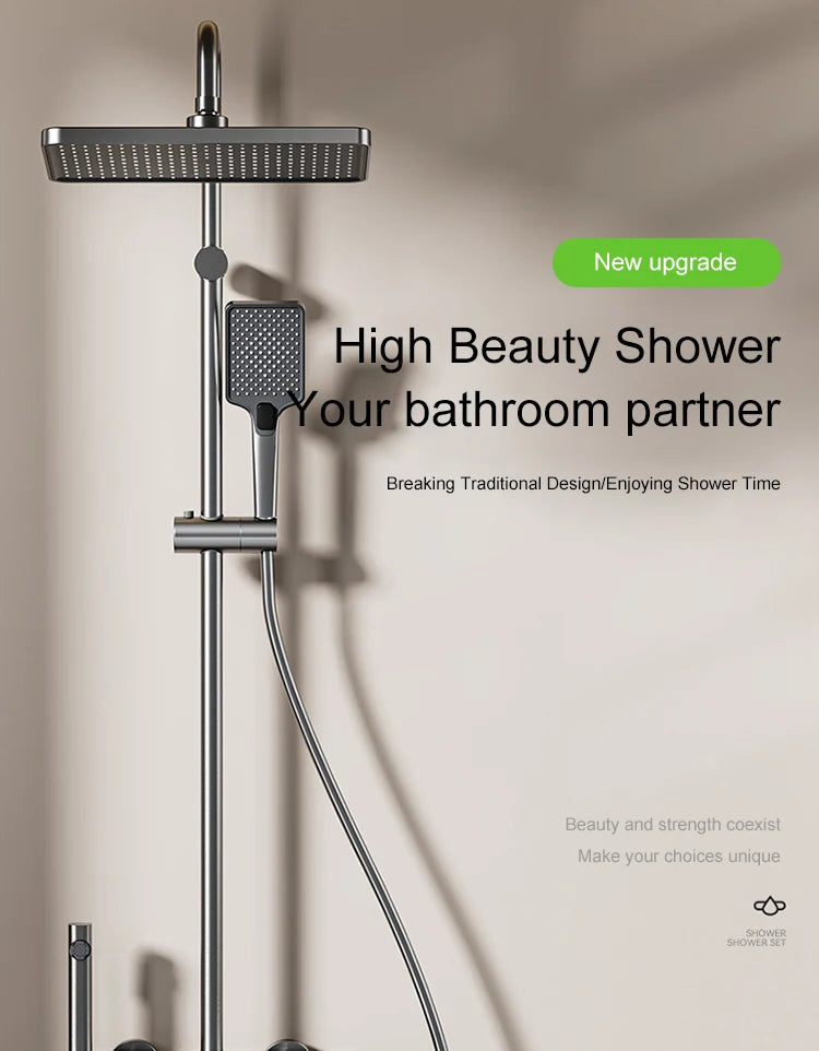 Sistema de ducha completo con botón tipo piano, display digital y ambient light (“grey piano button ambient light shower set”)