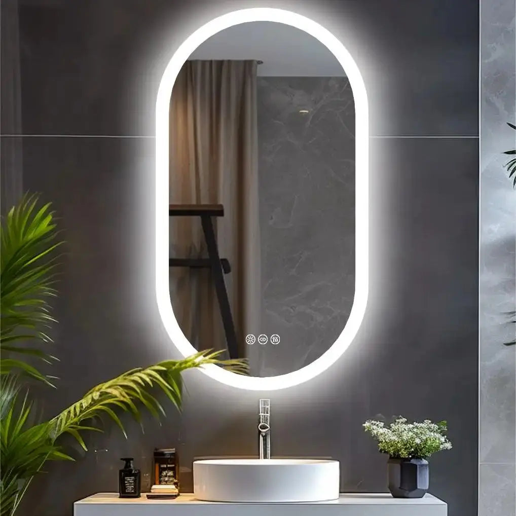 Espejo oval LED de baño, 3 tamaños, antiniebla, 3 colores