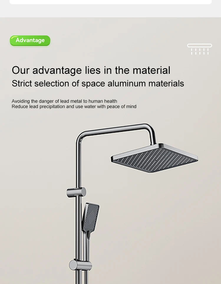 Sistema de ducha completo con botón tipo piano, display digital y ambient light (“grey piano button ambient light shower set”)