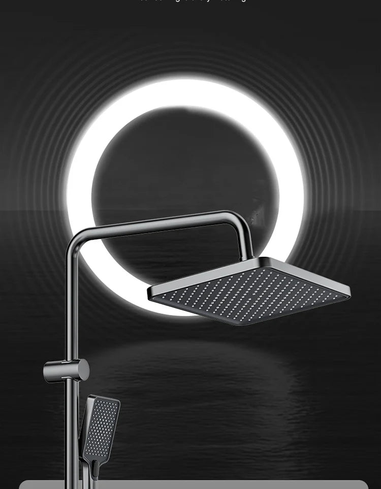 Sistema de ducha completo con botón tipo piano, display digital y ambient light (“grey piano button ambient light shower set”)