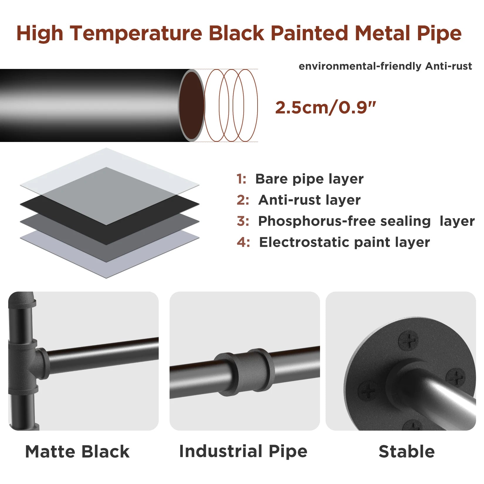 Wall Mounted 180cm Industrial Pipe Clothes Hanging Rail Rod Garment Rack Detachable