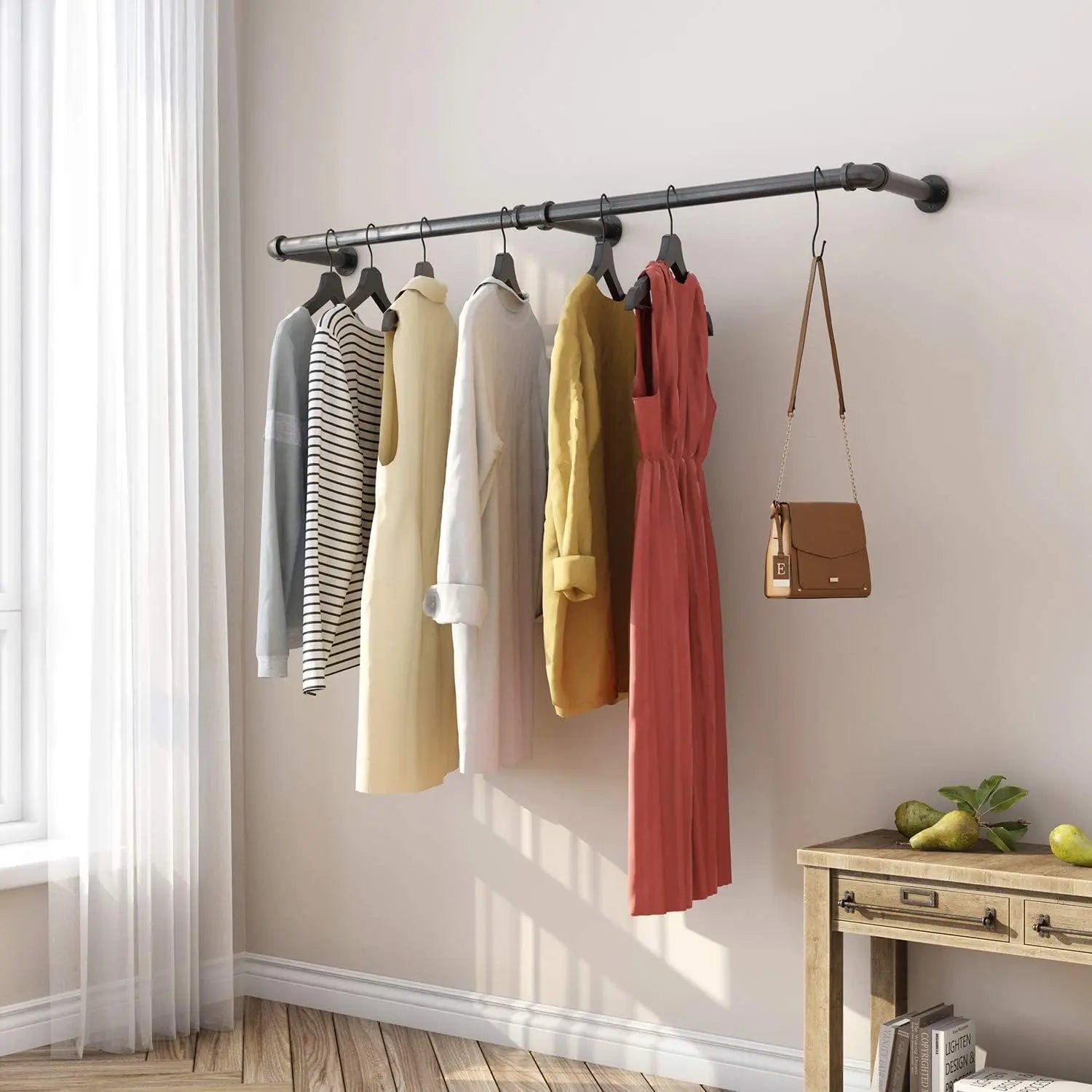 Wall Mounted 180cm Industrial Pipe Clothes Hanging Rail Rod Garment Rack Detachable