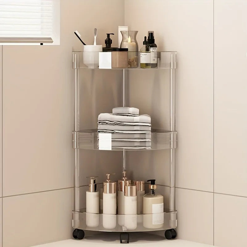 Rack transparente multi‑capa tipo carrito para baño o lavabo