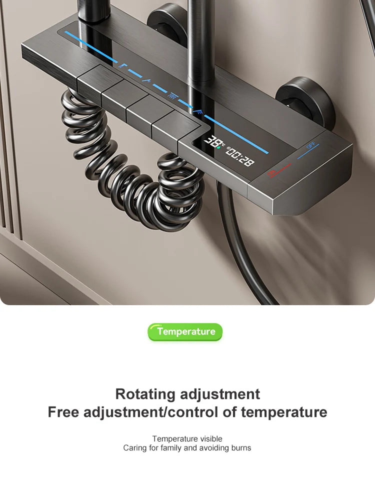 Sistema de ducha completo con botón tipo piano, display digital y ambient light (“grey piano button ambient light shower set”)