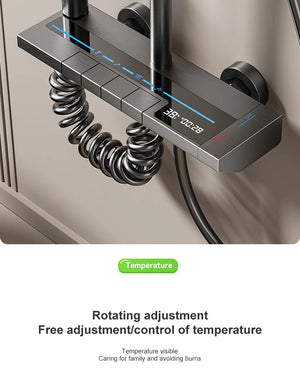Sistema de ducha completo con botón tipo piano, display digital y ambient light (“grey piano button ambient light shower set”)