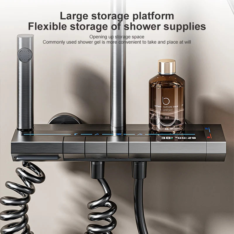 Sistema de ducha completo con botón tipo piano, display digital y ambient light (“grey piano button ambient light shower set”)