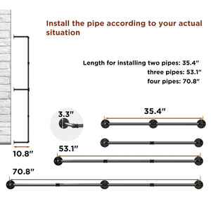 Wall Mounted 180cm Industrial Pipe Clothes Hanging Rail Rod Garment Rack Detachable
