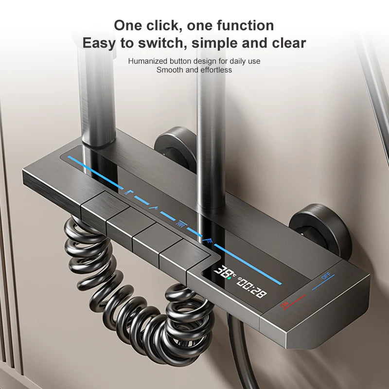 Sistema de ducha completo con botón tipo piano, display digital y ambient light (“grey piano button ambient light shower set”)